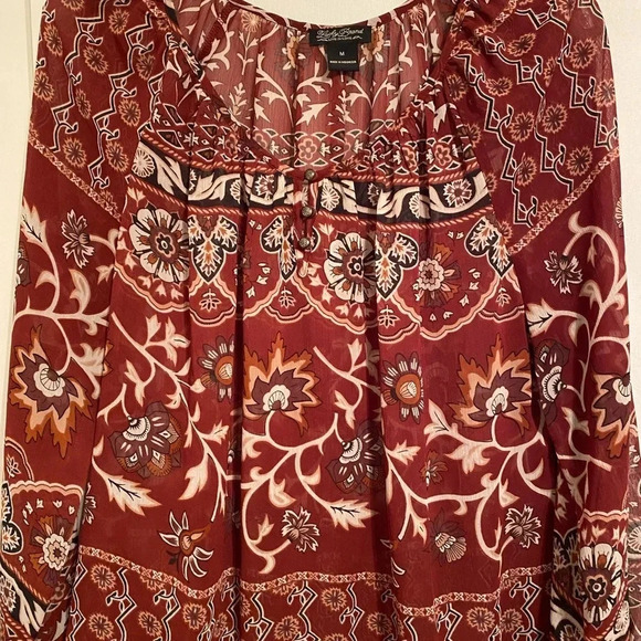 Lucky Brand Women’s Brown & White Floral Long Sleeve Pull-Over Simi-Sheer Top - Picture 4 of 7